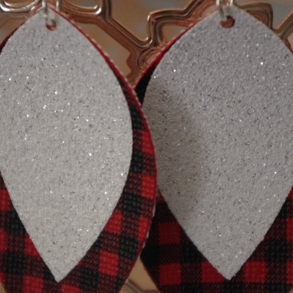 Mini Red Buffalo Plaid White/Silver Glitter Leaf Drop Earrings - Picture 3 of 3